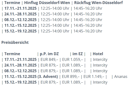 Flugzeiten für die Adventsreise nach Wien inkl. Flug